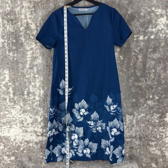 Misslook Size M Floral Print V Neck Midi Shirt Dress Blue Short Sleeve Pullover - Picture 2 of 9